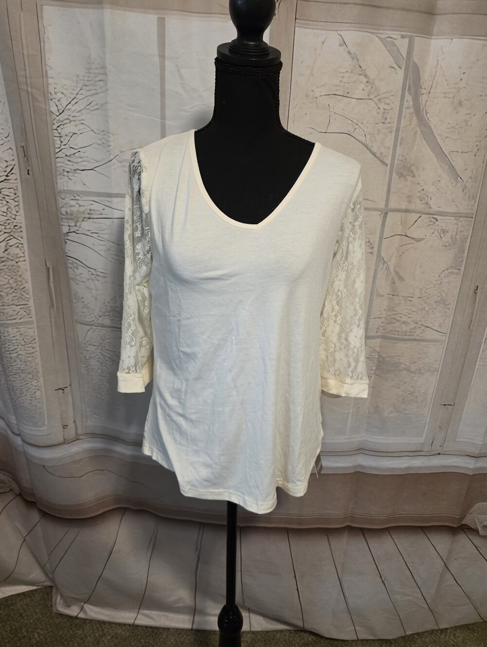 Women's Cream Lace-Sleeve V-Neck Top
